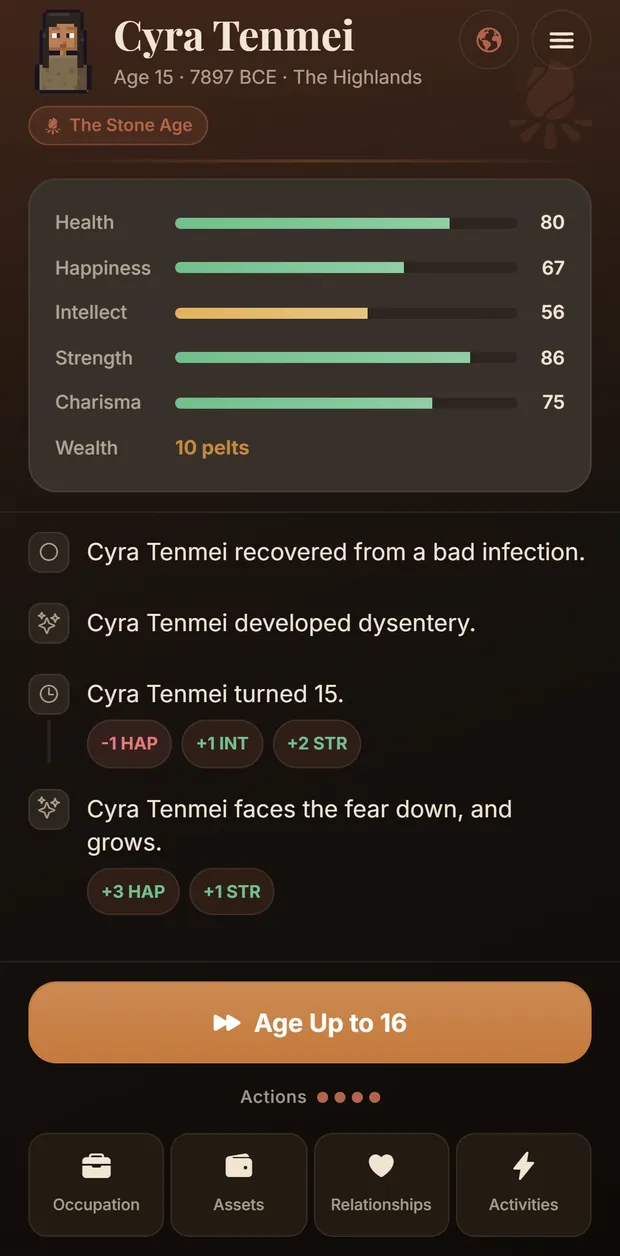 A Stone Age character screen showing stats, a life log and the Age Up button
