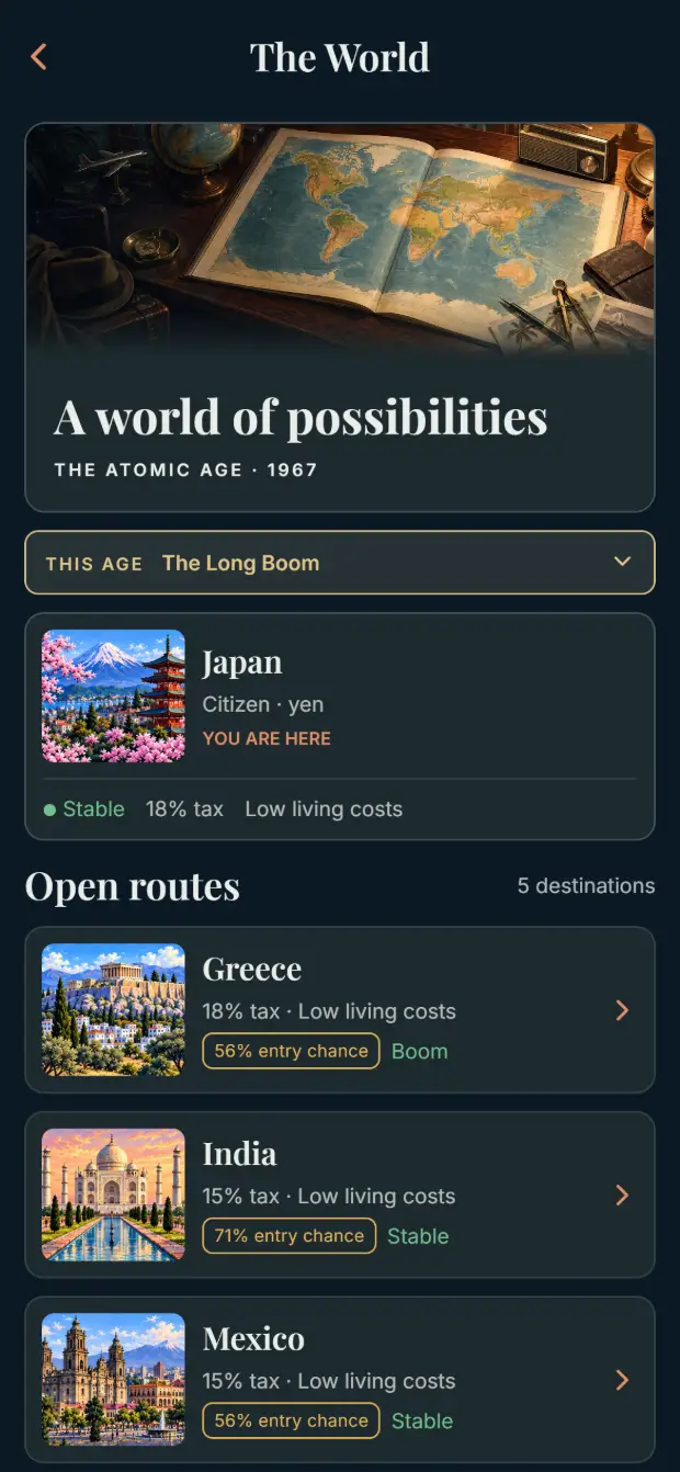 The World screen in 1967, the Atomic Age: a painted atlas, Japan marked as home, and five open routes, the first three Greece, India and Mexico, each with its tax, living costs and chance of entry.