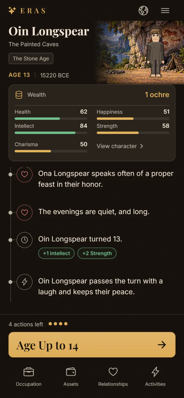 The life screen for Oin Longspear, 13, at the Painted Caves in 15220 BCE: his pixel figure in a long tunic before a cave wall painted with red horses, pole shelters and a lake, his stats, a wealth of 1 ochre, the latest lines of his life log and the Age Up button.